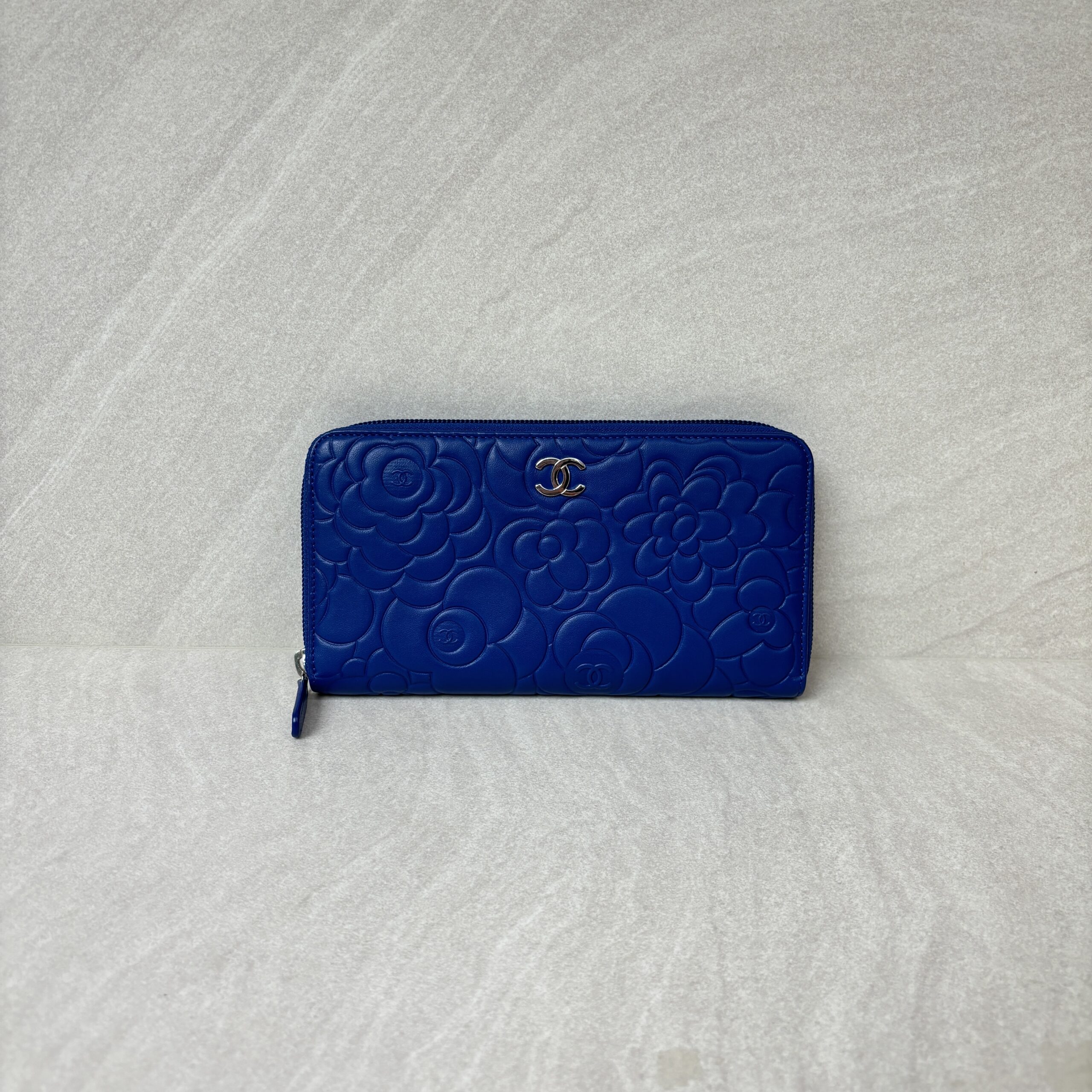 Chanel Long Zippy Camelia Lambskin Blue SHW