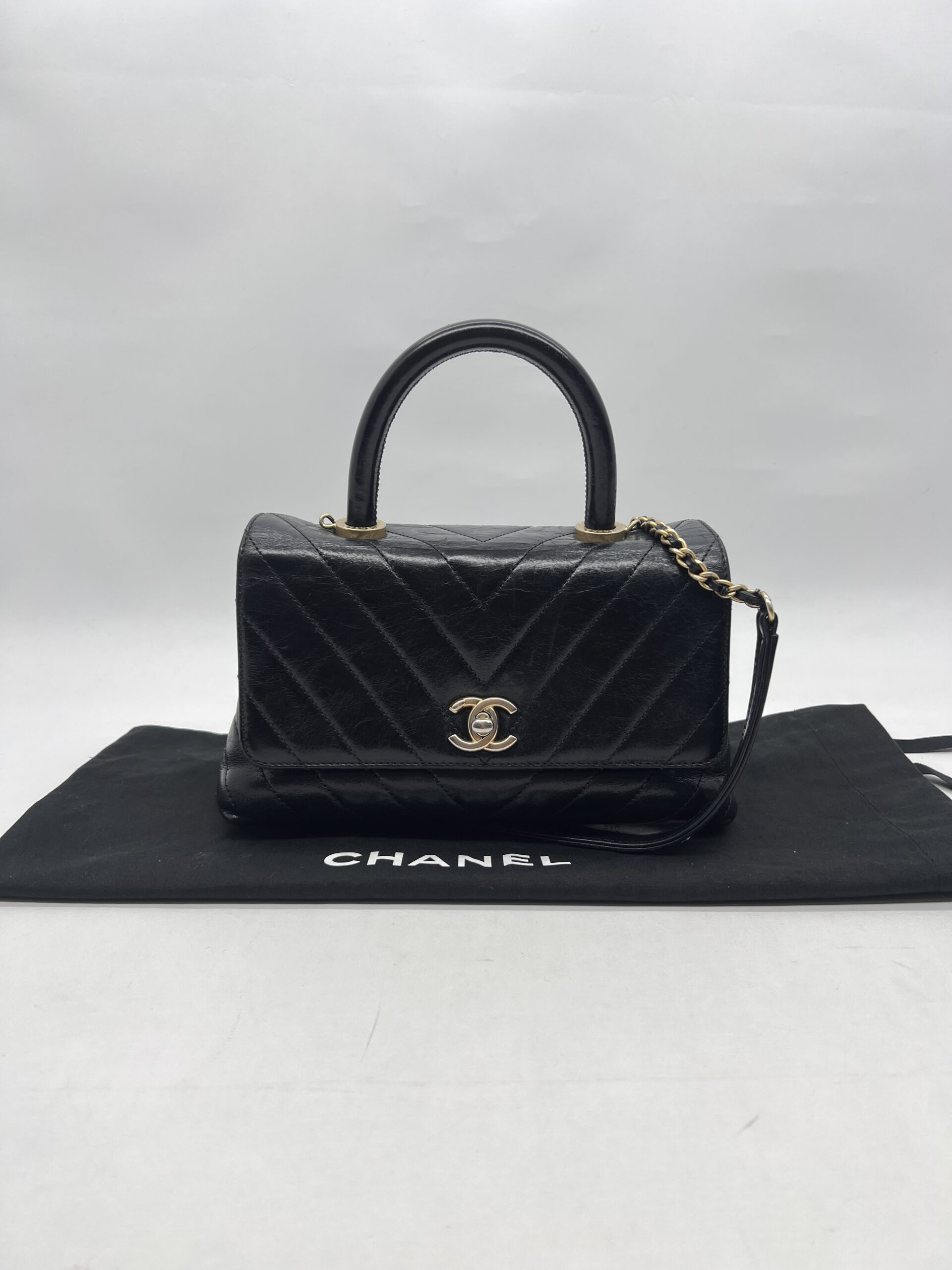 Chanel Small Coco Handle  Chevron Calfskin Black GHW