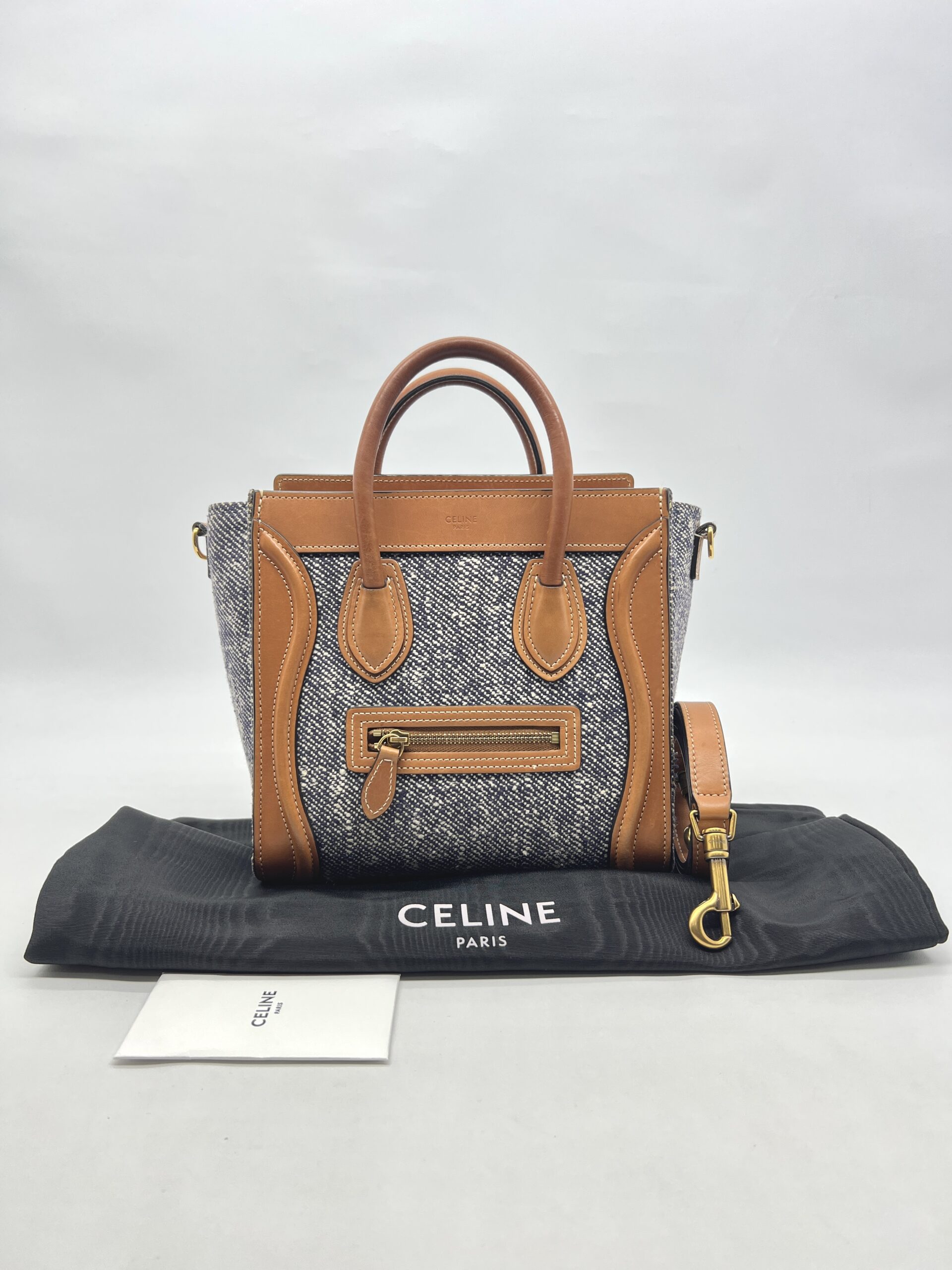 Celine Nano Luggage Canvas Navy Leather Tan GHW