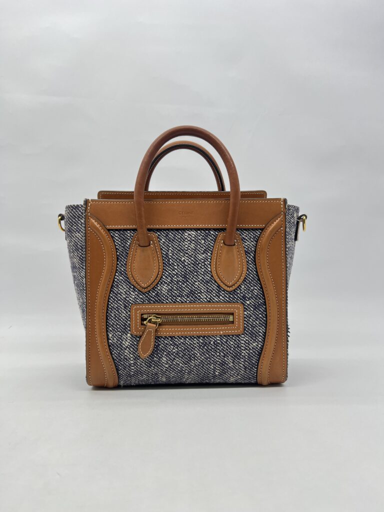 Celine Nano Luggage Canvas Navy Leather Tan GHW