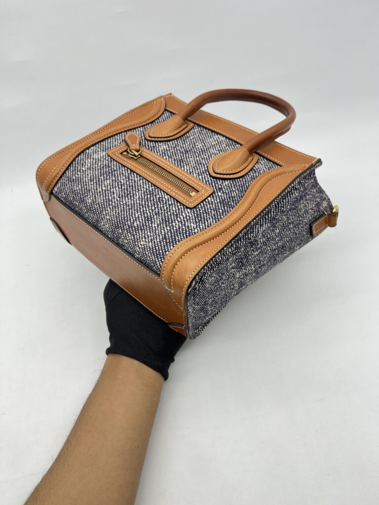 Celine Nano Luggage Canvas Navy Leather Tan GHW