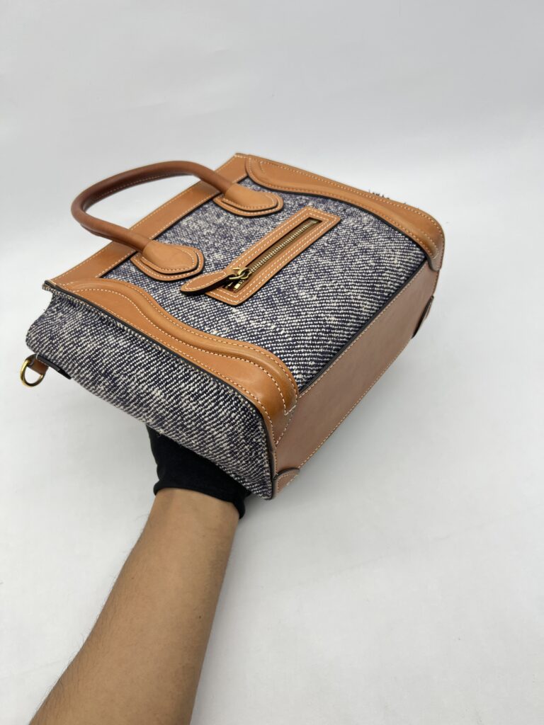 Celine Nano Luggage Canvas Navy Leather Tan GHW