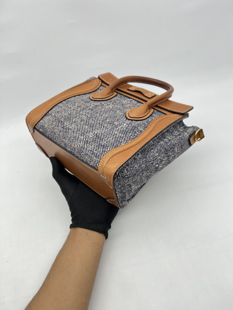 Celine Nano Luggage Canvas Navy Leather Tan GHW