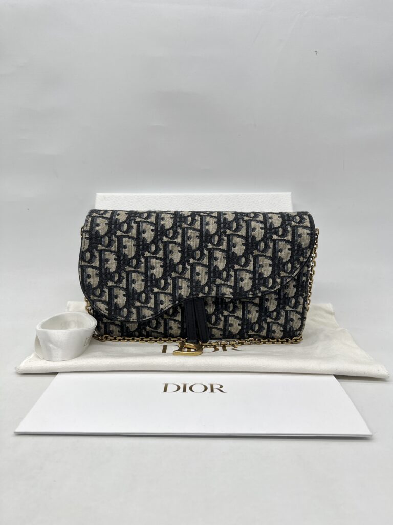Dior Saddle Pouch With Chain Canvas Blue Oblique GHW