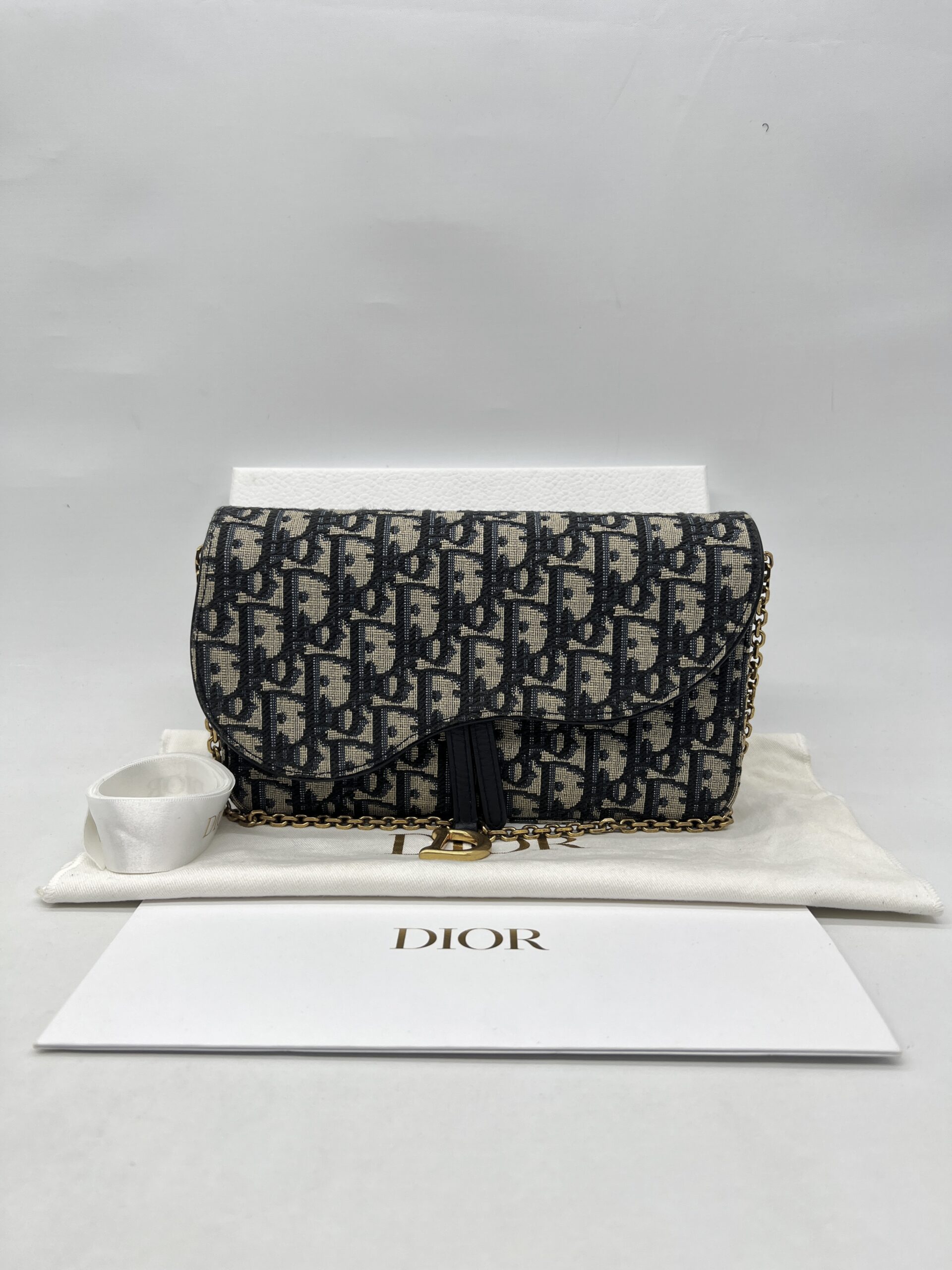 Dior Saddle Pouch With Chain Canvas Blue Oblique GHW