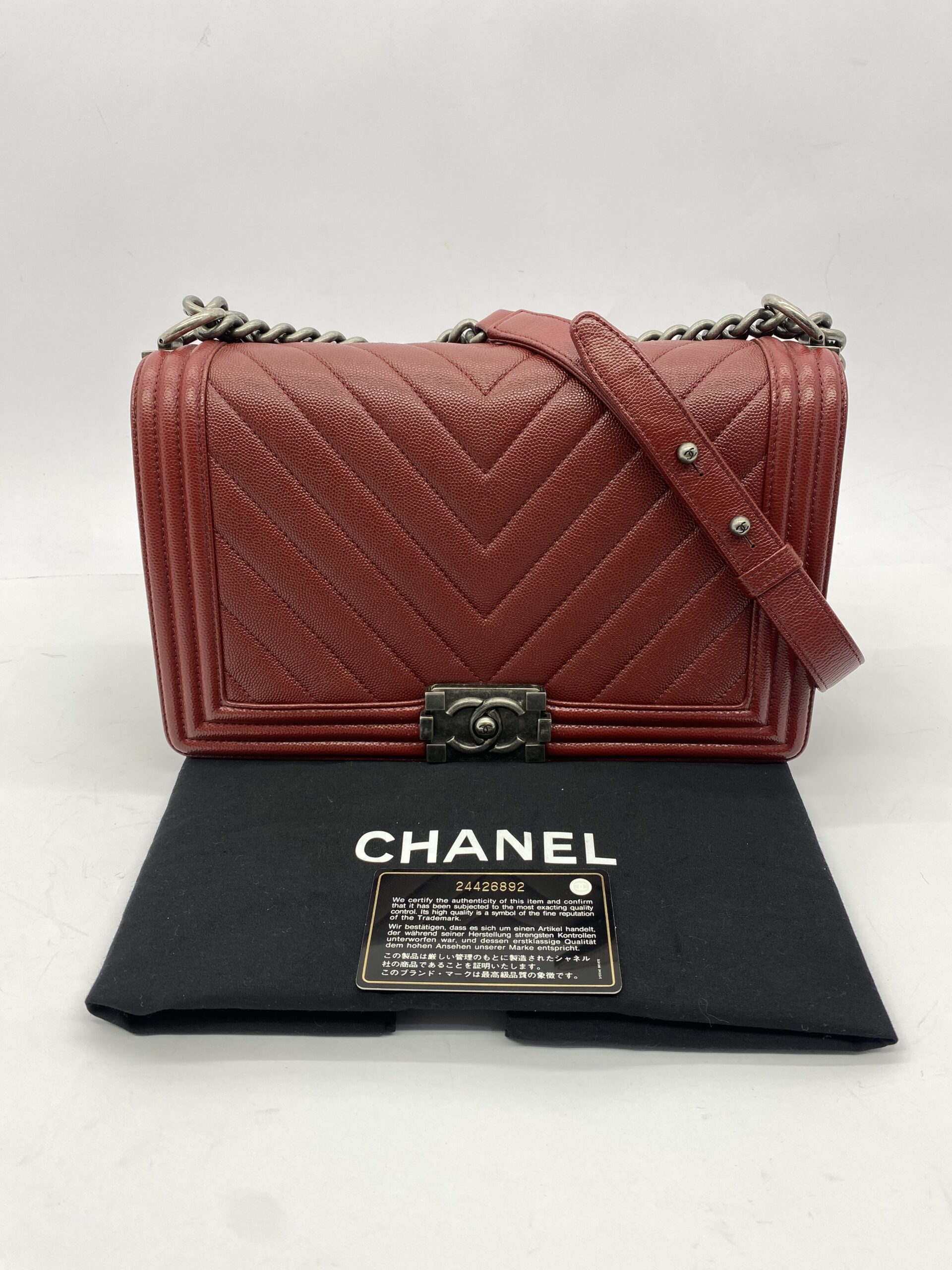Chanel Boy 28 Caviar Red Chevron RHW