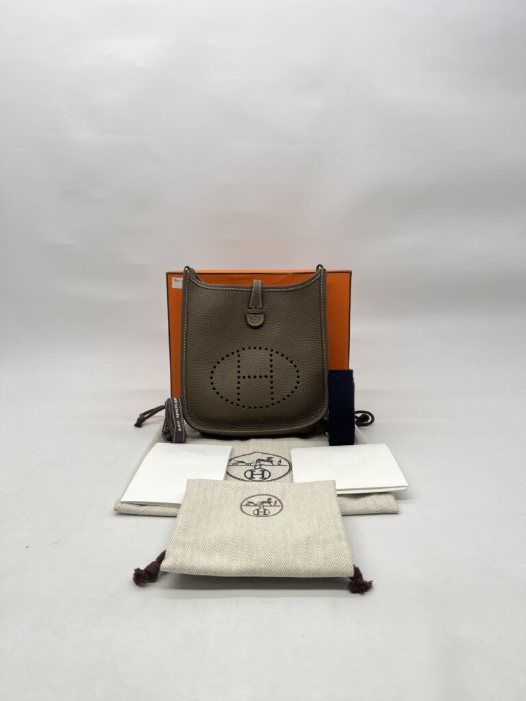 Hermes Mini Evelyne Clemence Etoupe Bleu Indigo GHW