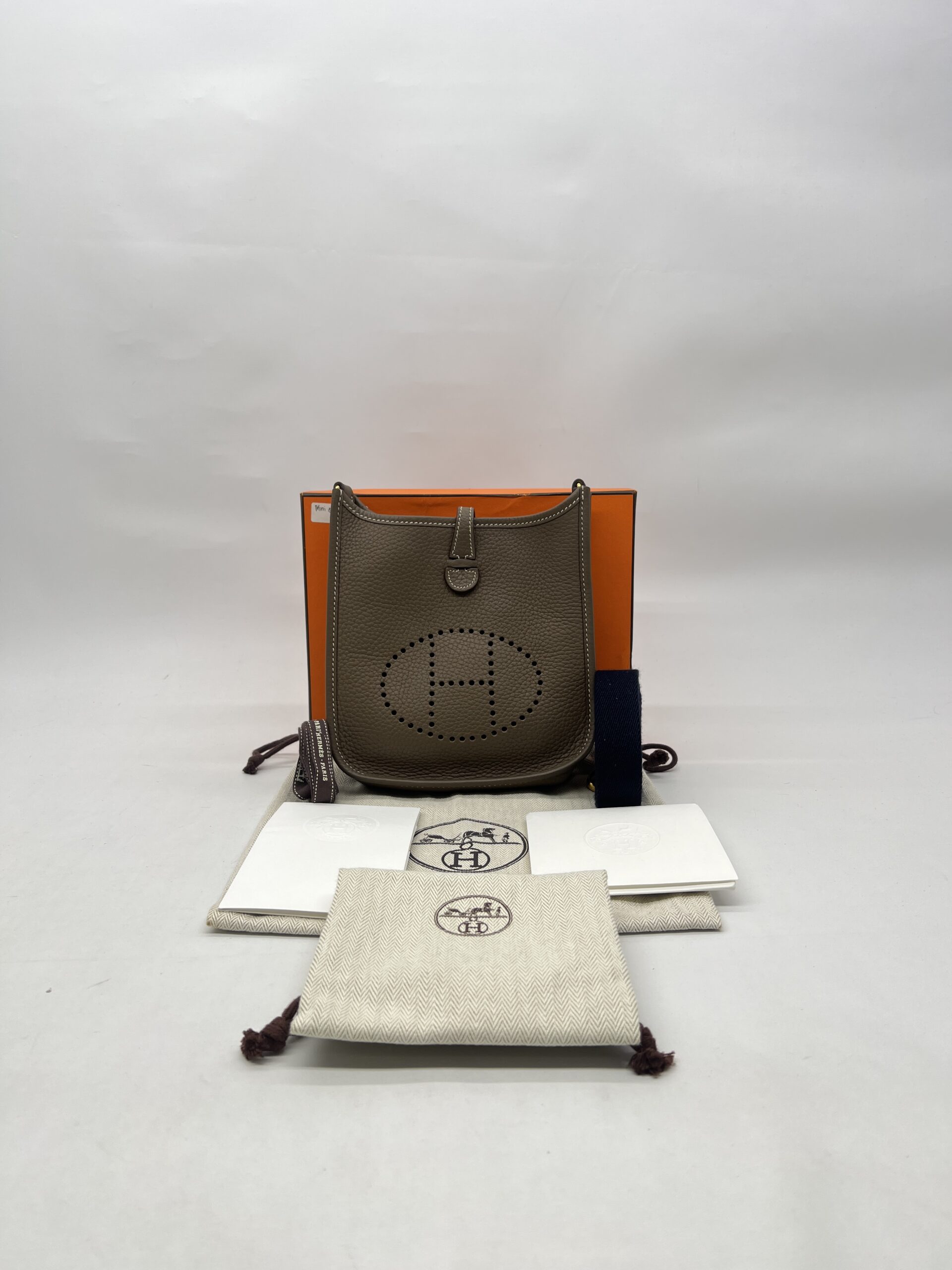 Hermes Mini Evelyne Clemence Etoupe Bleu Indigo GHW