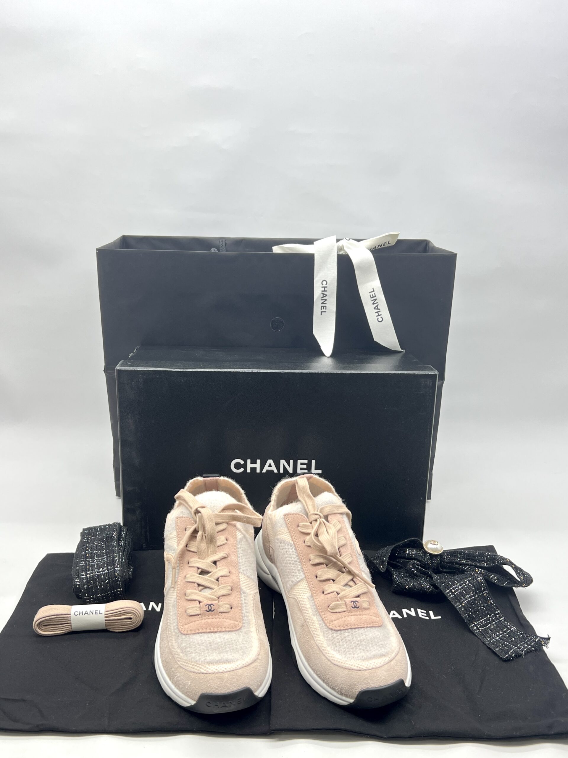 Chanel Sneakers Knit Suede Calfskin Light Pink