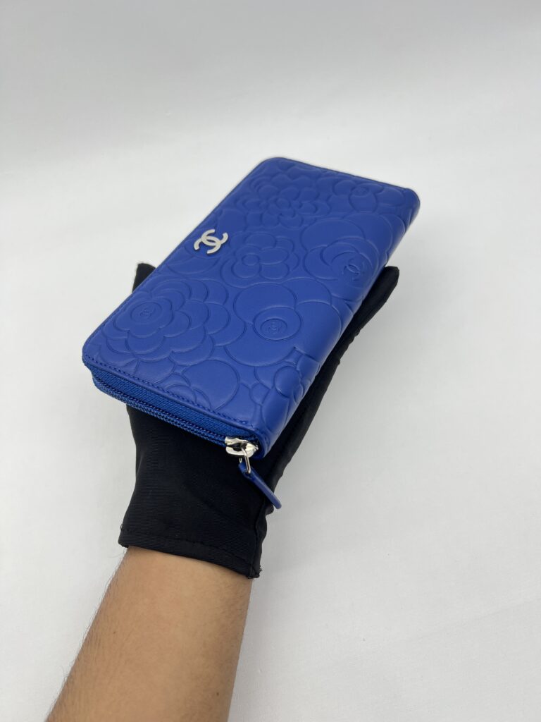Chanel Long Zippy Camelia Lambskin Blue SHW