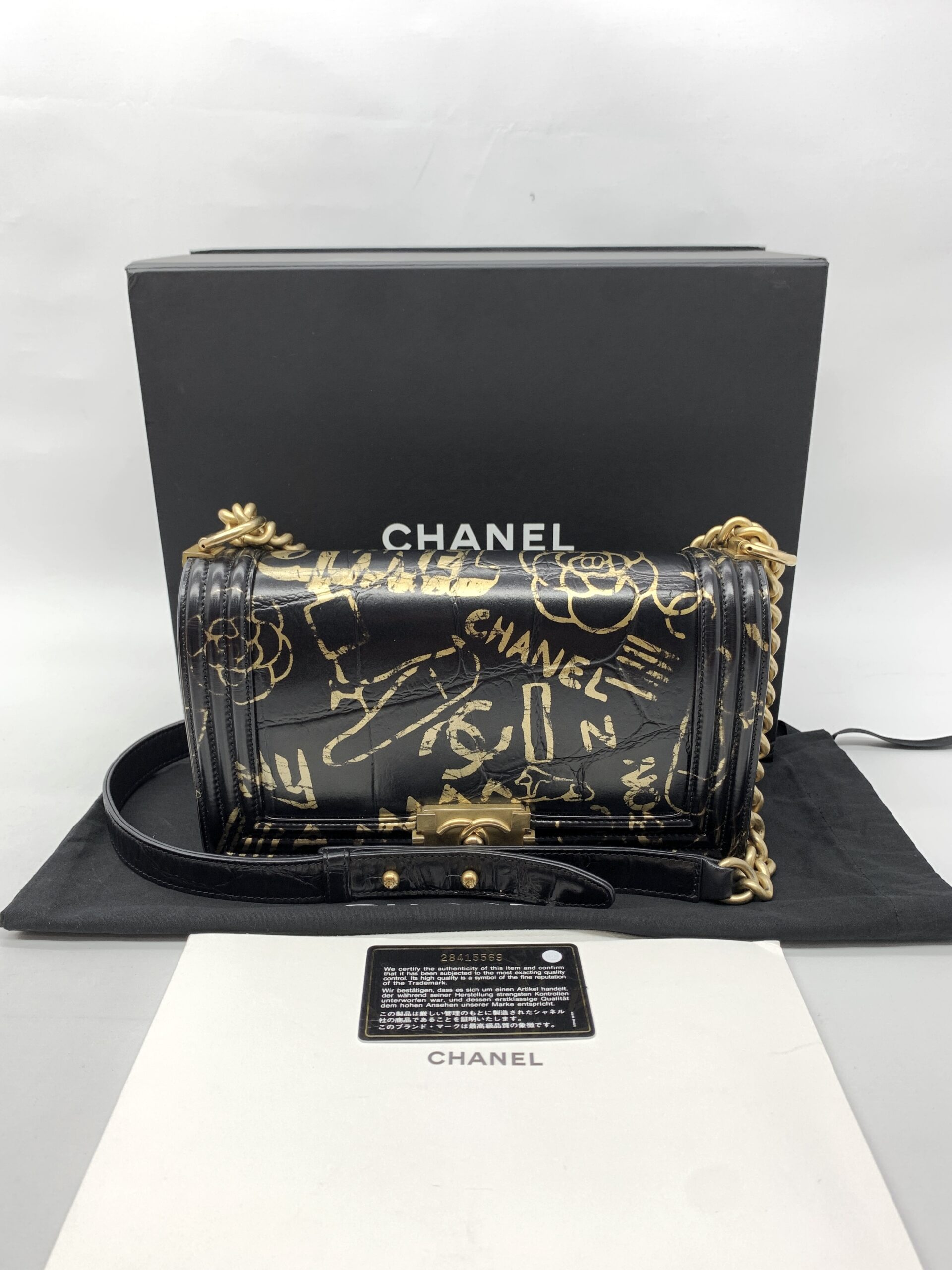 Chanel Boy 25 Crocodile Embossed Black Graffiti Gold GHW