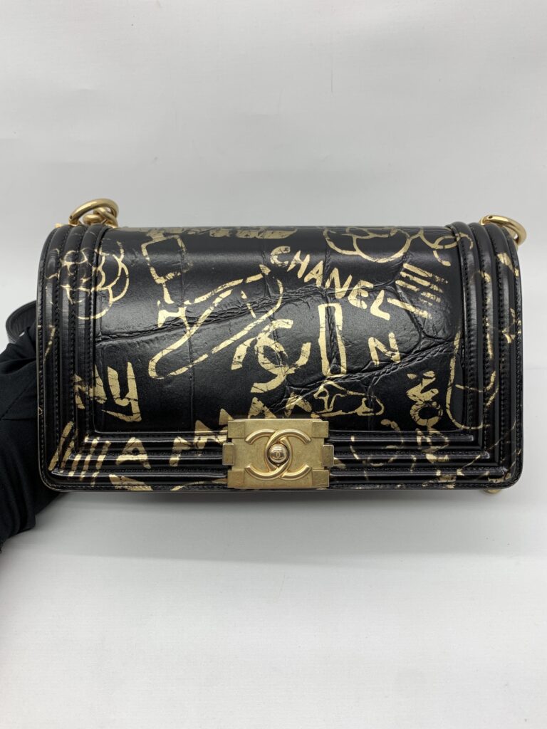 Chanel Boy 25 Crocodile Embossed Black Graffiti Gold GHW