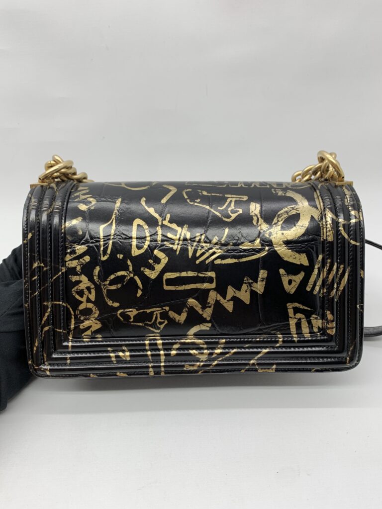 Chanel Boy 25 Crocodile Embossed Black Graffiti Gold GHW