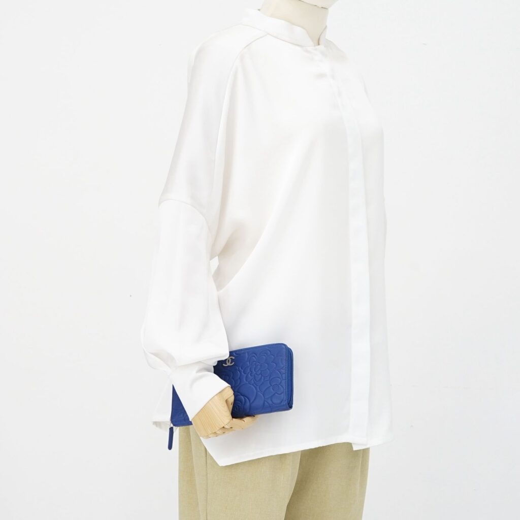 Chanel Long Zippy Camelia Lambskin Blue SHW