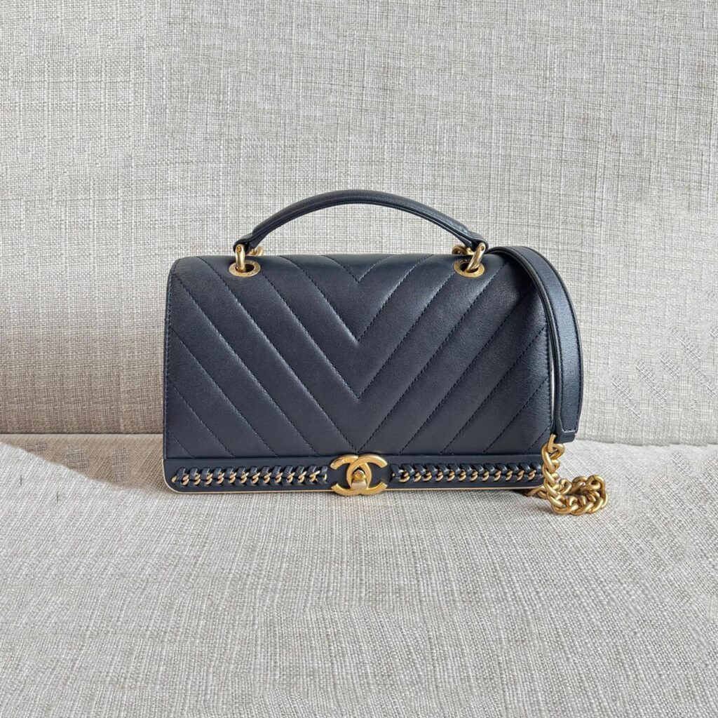 Chanel Chevron Top Handle Blue Calfskin GHW
