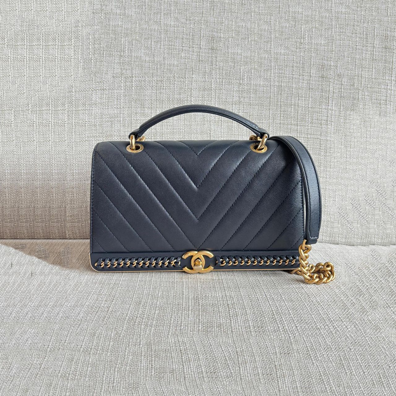 Chanel Chevron Top Handle Blue Calfskin GHW
