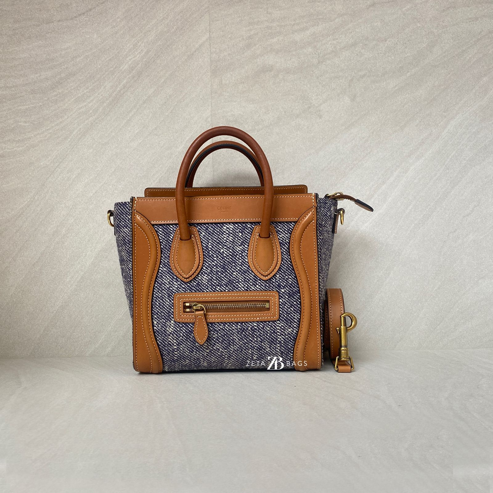 Celine Nano Luggage Canvas Navy Leather Tan GHW