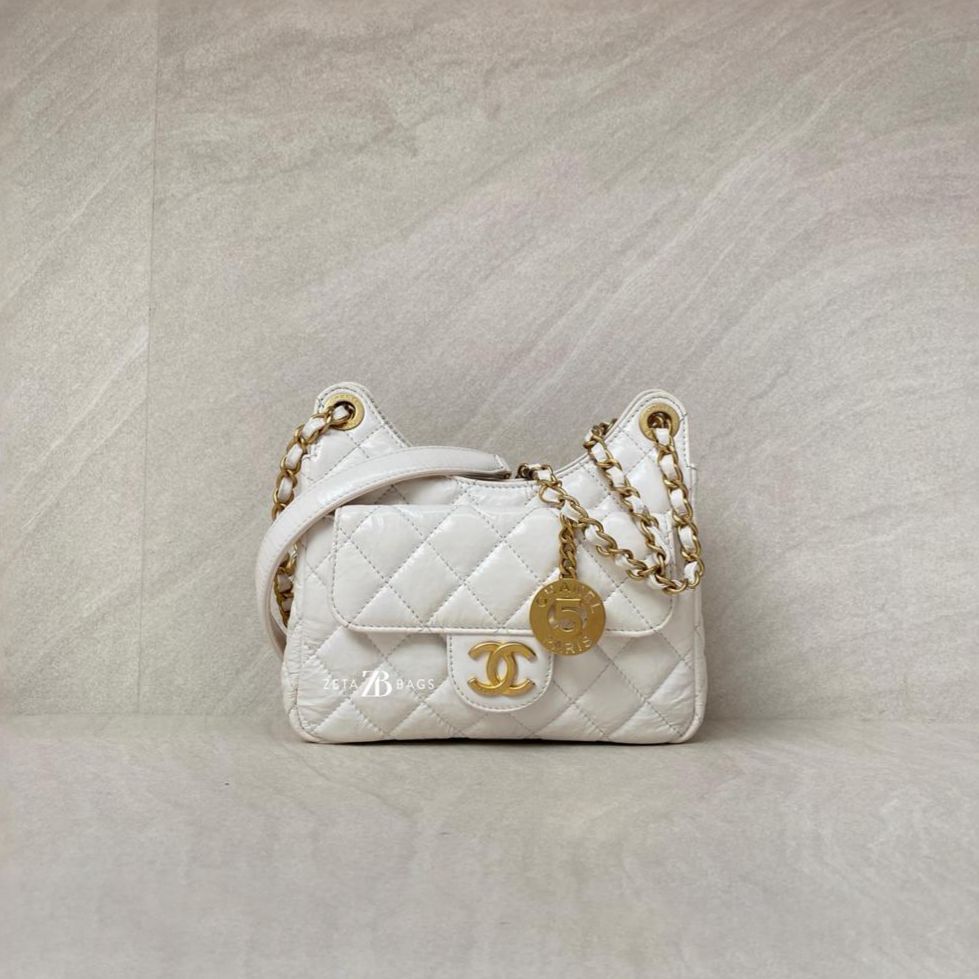 Chanel CC Hobo Shoulder Crinkled White GHW