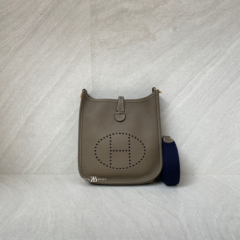 Hermes Mini Evelyne Clemence Etoupe Bleu Indigo GHW
