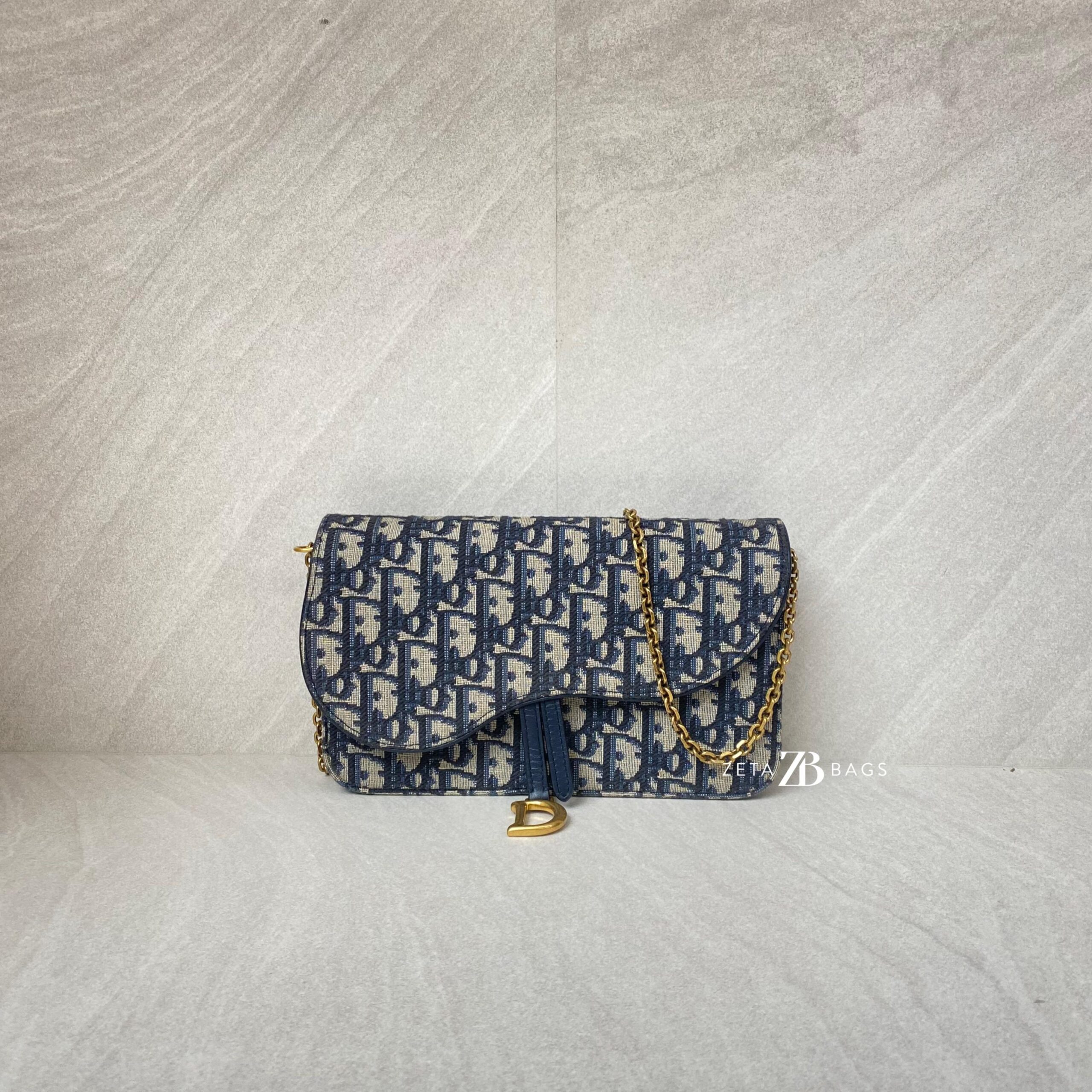 Dior Saddle Pouch With Chain Canvas Blue Oblique GHW