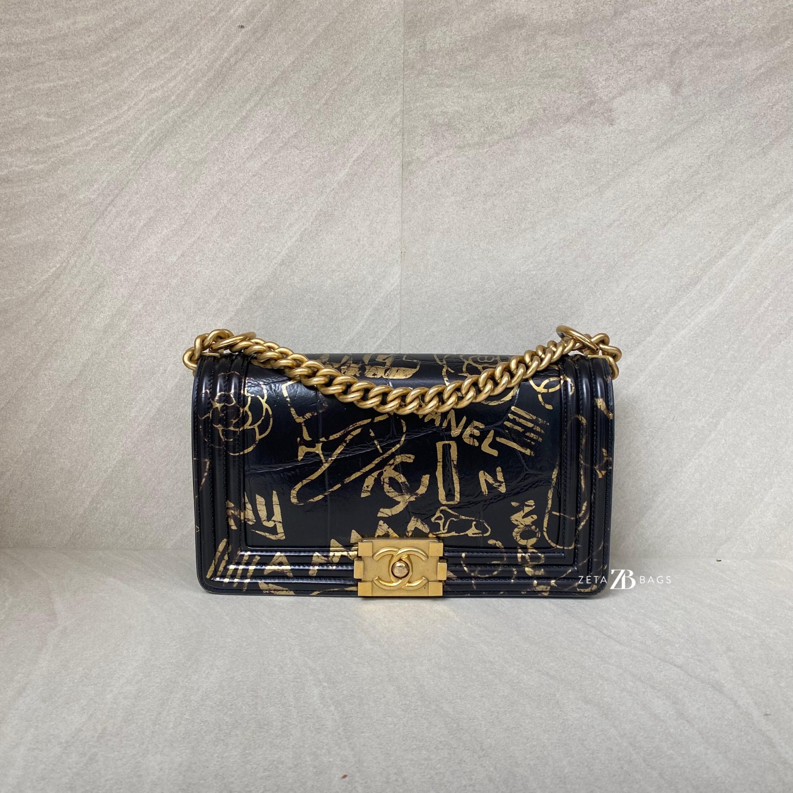 Chanel Boy 25 Crocodile Embossed Black Graffiti Gold GHW