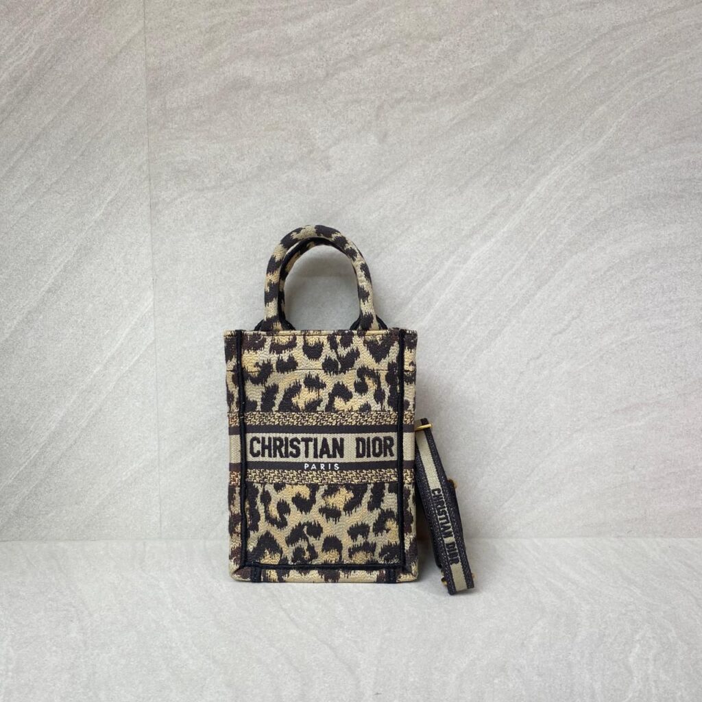 Dior Vertical Book Tote Canvas Leopard Black Beige GHW