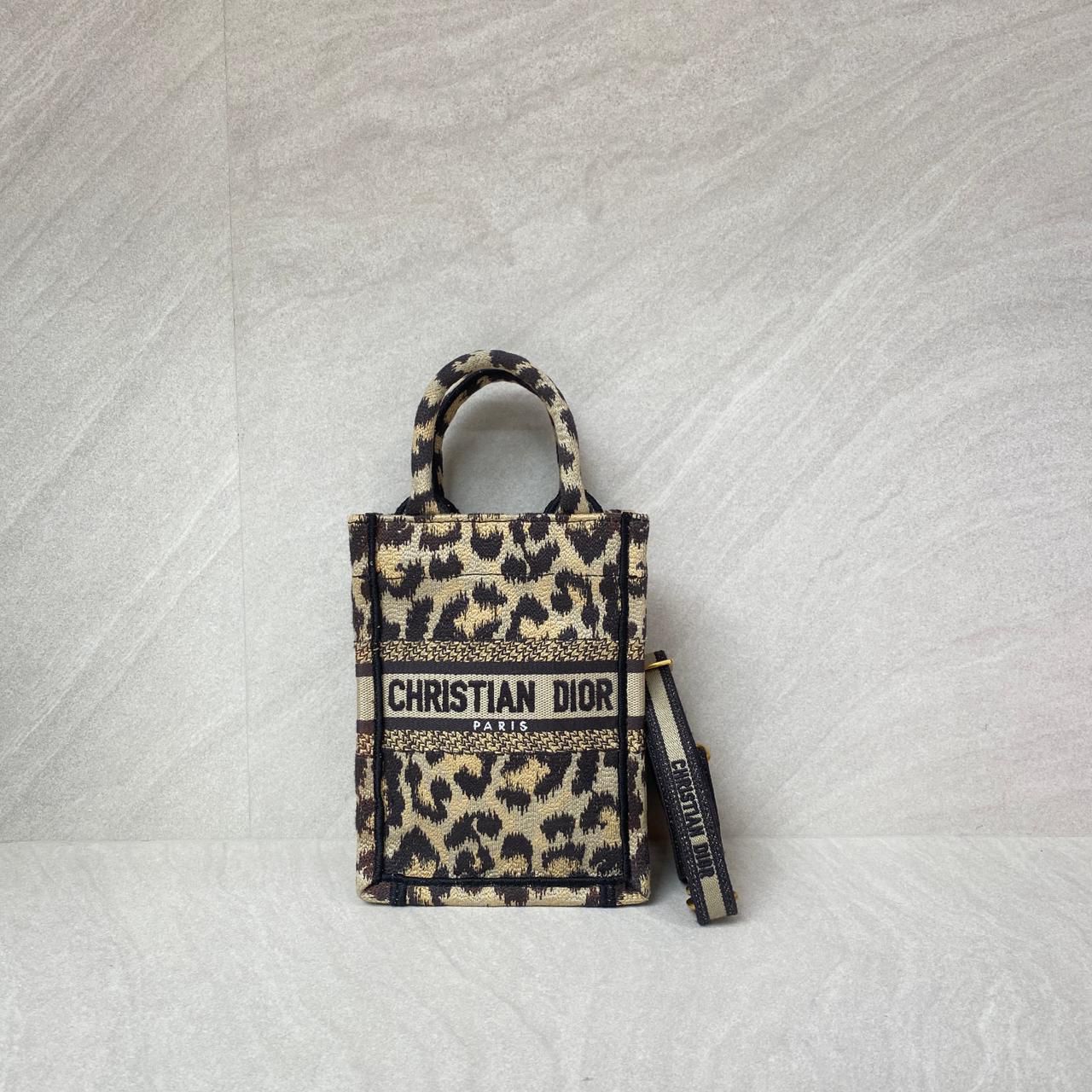 Dior Vertical Book Tote Canvas Leopard Black Beige GHW