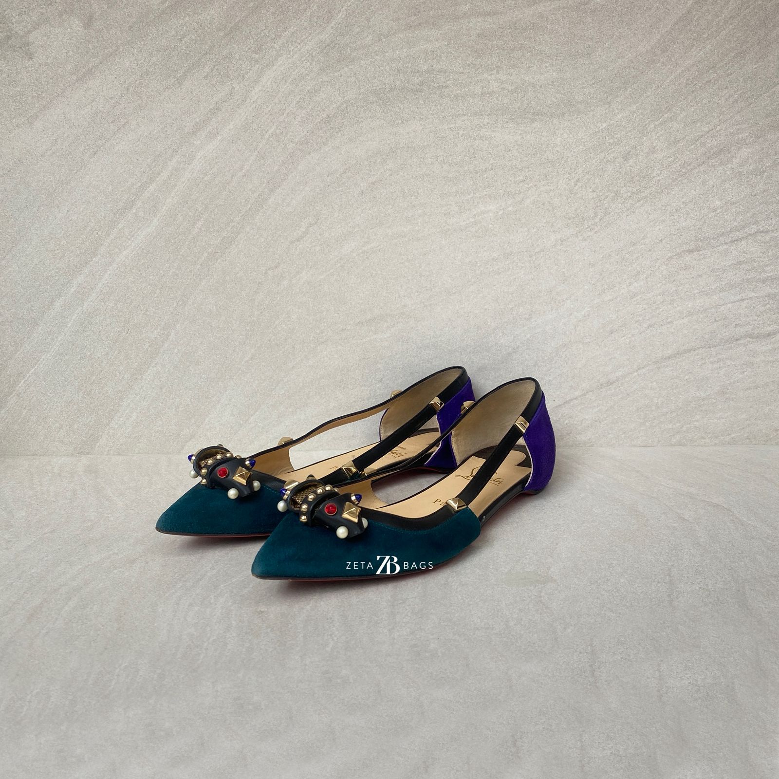 Christian Louboutin Tudor Young Flat Green And Purple Suede