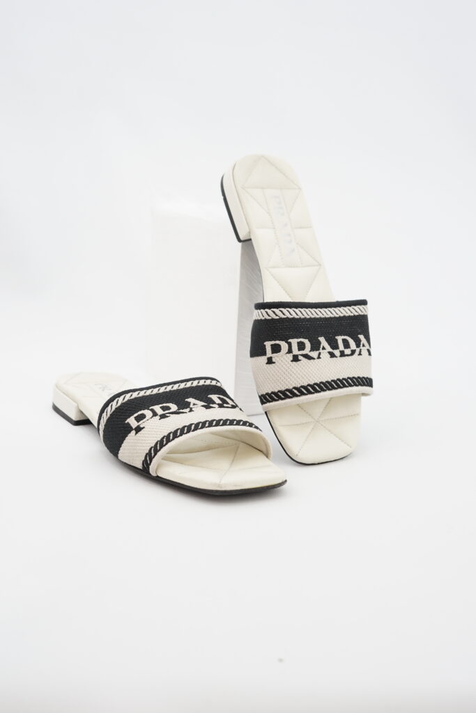 Prada Slide Sandals Embroidered White Black