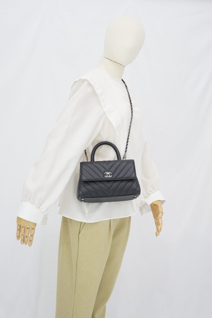 Chanel Coco Handle Small Chevron Caviar Dark Grey Dark Silver HW