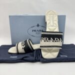 Prada Slide Sandals Embroidered White Black