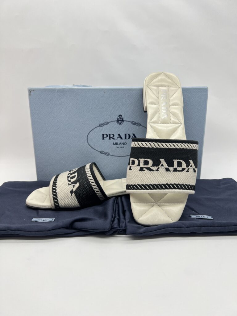 Prada Slide Sandals Embroidered White Black