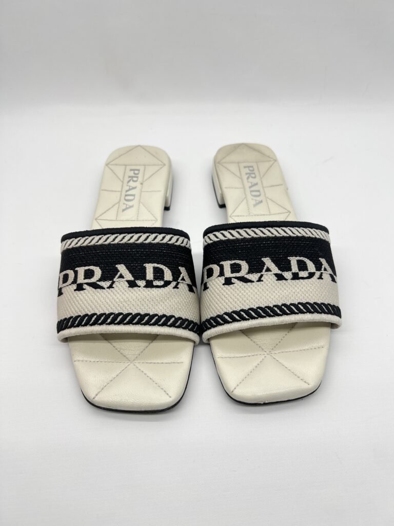 Prada Slide Sandals Embroidered White Black