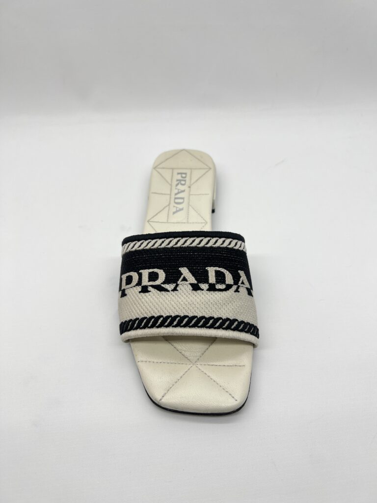Prada Slide Sandals Embroidered White Black