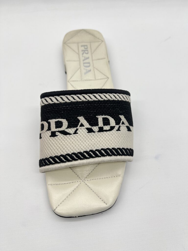 Prada Slide Sandals Embroidered White Black