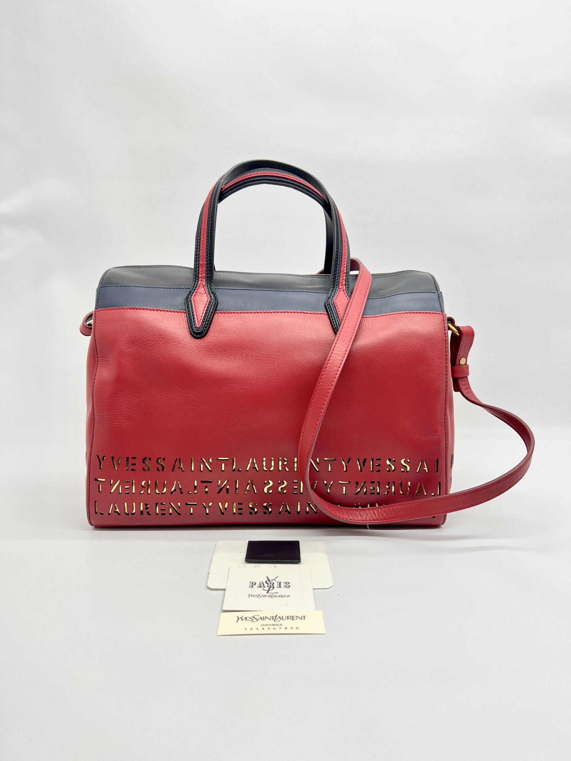 Saint Laurent SAC Flirty Bowling Perforated Red Navy Black GHW