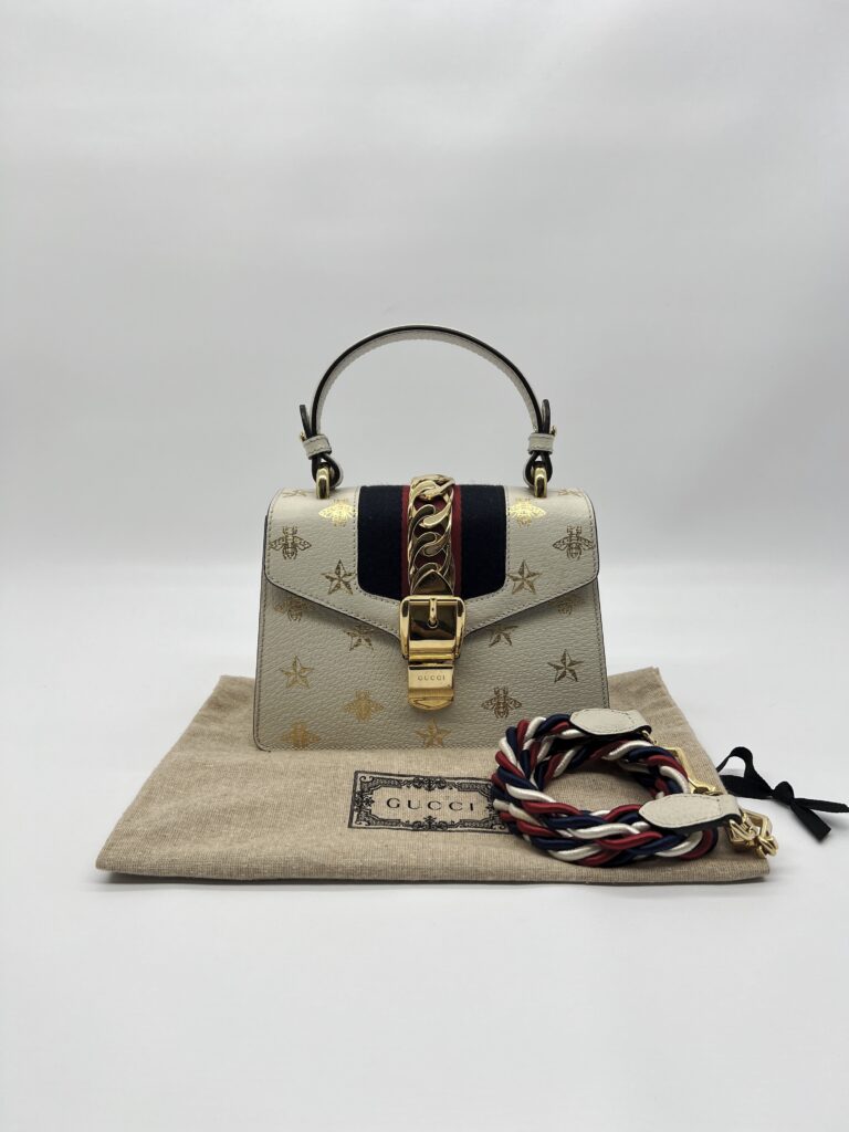Gucci Sylvie Mini Leather White Bees GHW