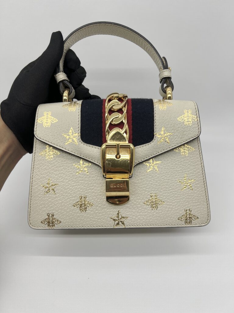 Gucci Sylvie Mini Leather White Bees GHW