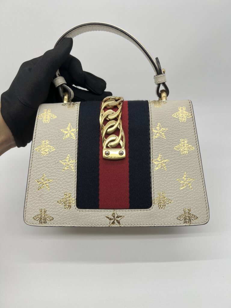 Gucci Sylvie Mini Leather White Bees GHW