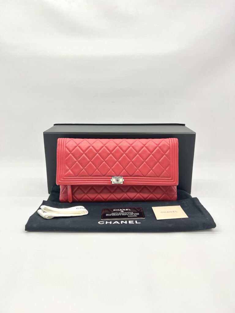 Chanel Boy Fold Clutch Lambskin Red SHW