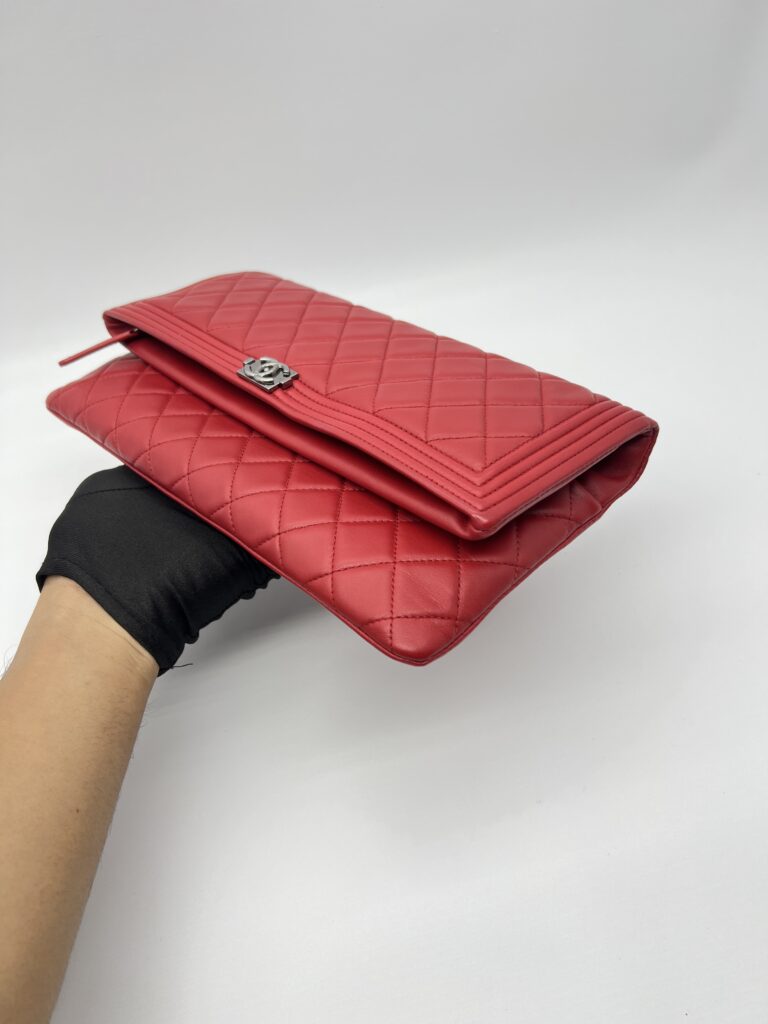 Chanel Boy Fold Clutch Lambskin Red SHW