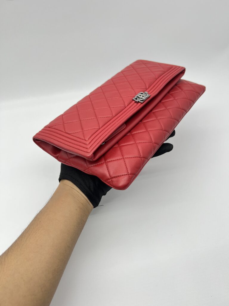 Chanel Boy Fold Clutch Lambskin Red SHW