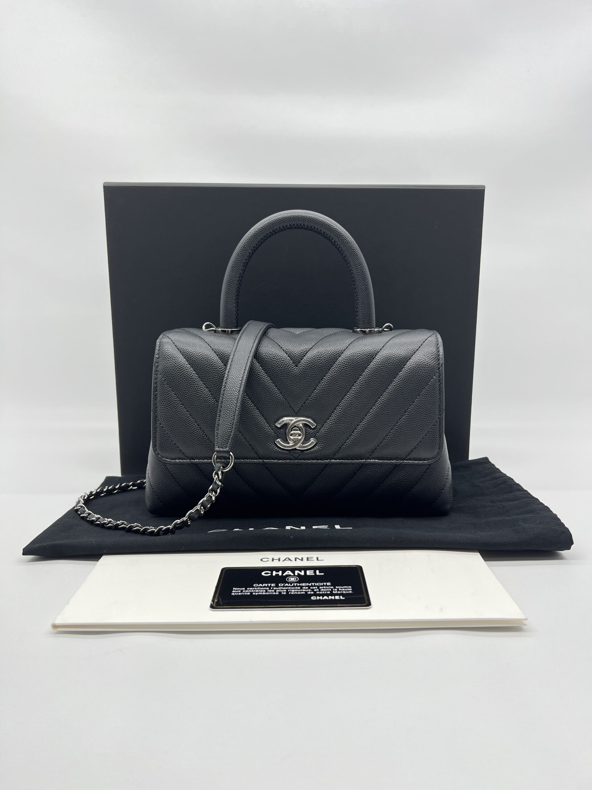 Chanel Coco Handle Small Chevron Caviar Dark Grey Dark Silver HW