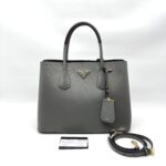 Prada Tote Bag Handle Saffiano Cuir Grey Granat GHW