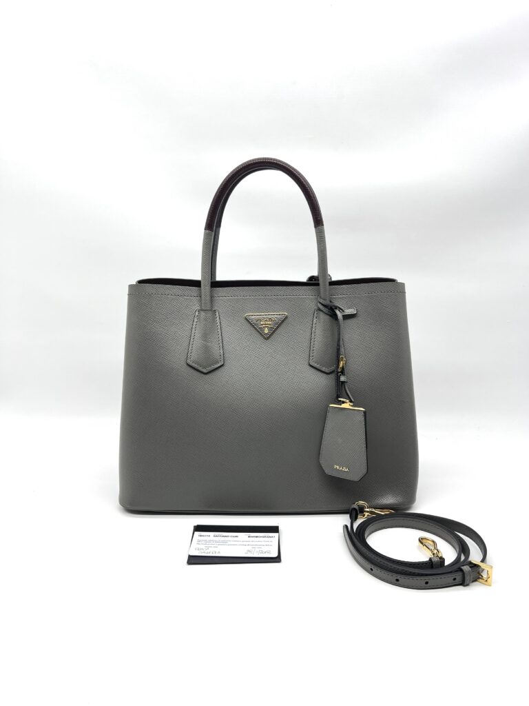 Prada Tote Bag Handle Saffiano Cuir Grey Granat GHW