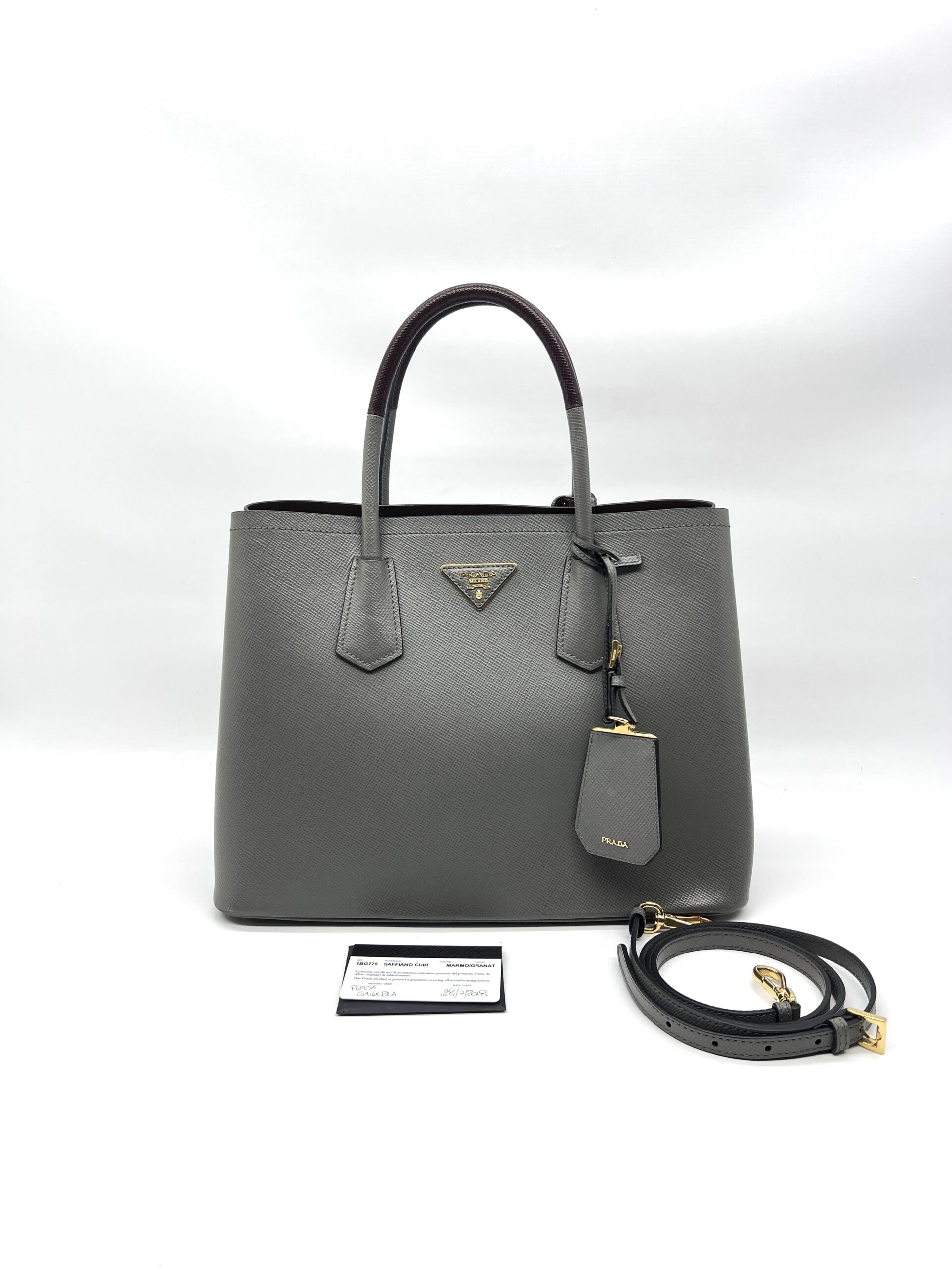 Prada Tote Bag Handle Saffiano Cuir Grey Granat GHW