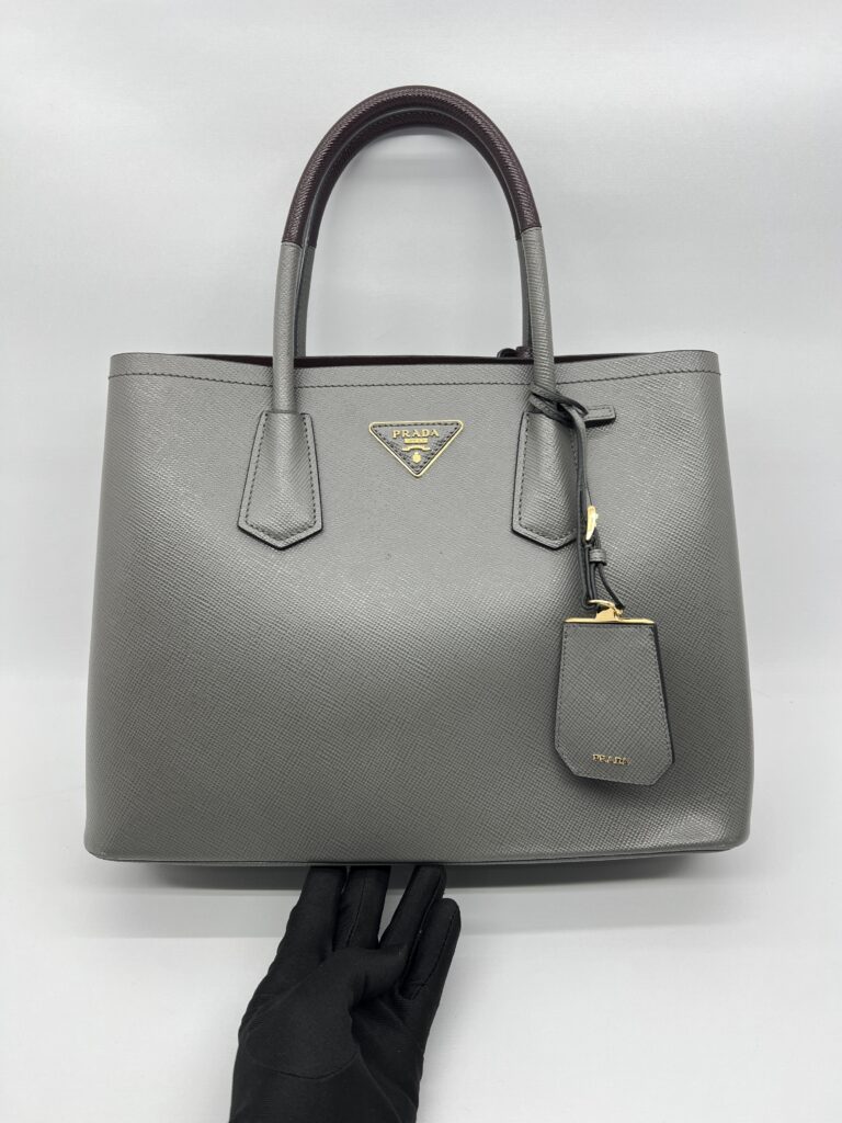 Prada Tote Bag Handle Saffiano Cuir Grey Granat GHW