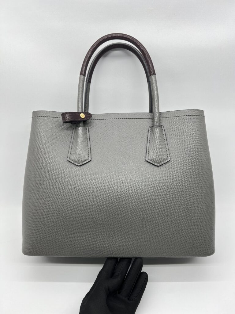 Prada Tote Bag Handle Saffiano Cuir Grey Granat GHW