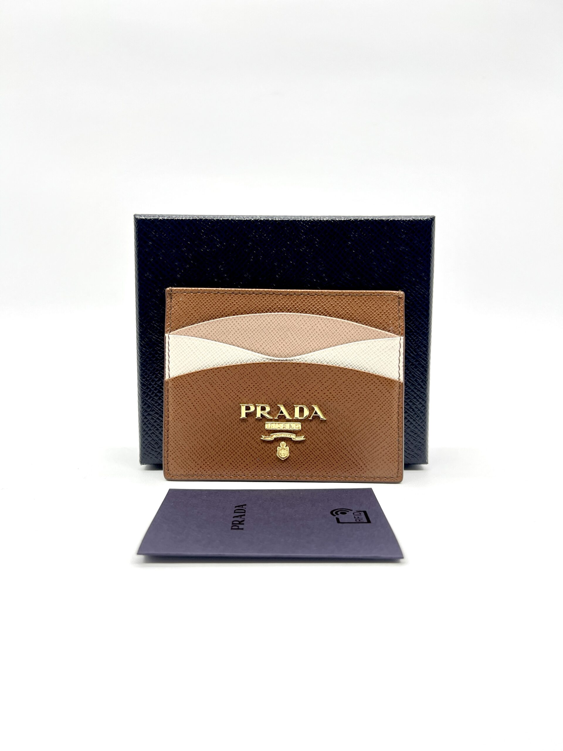 Prada Card Holder Saffiano Brown Multicolor GHW