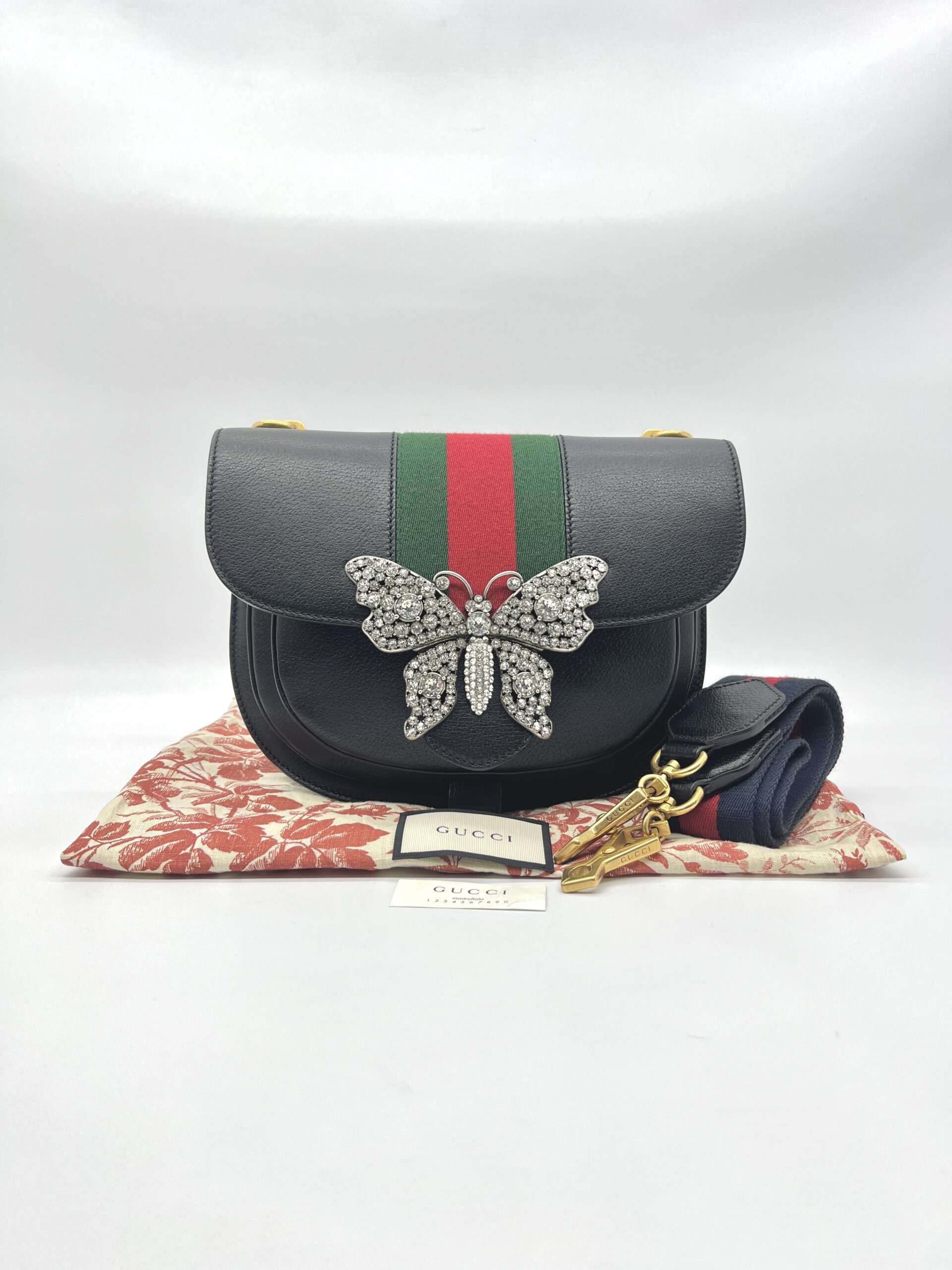 Gucci Crystal Butterfly Leather Black Ophidia GHW